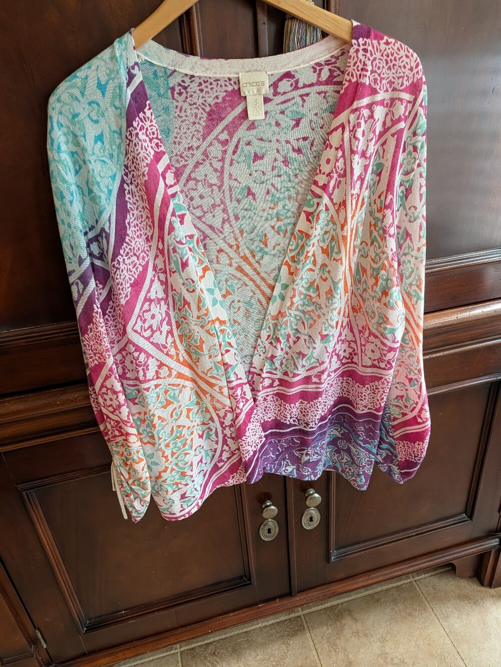 Chico's Pink Teal Orange Paisley-Print Wrap Top Sz 3